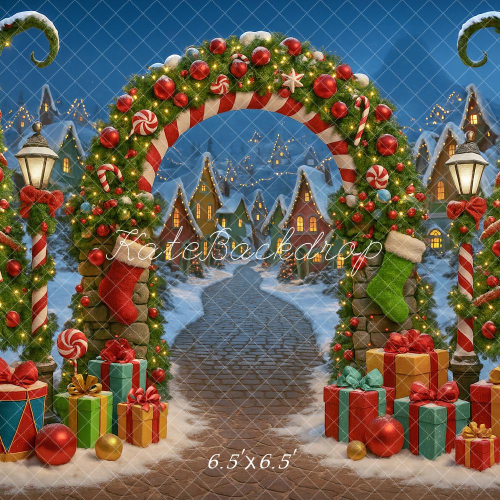 Kate Christmas Arch Candy Trees Presents Village Backdrop Designed by Ashley Paul