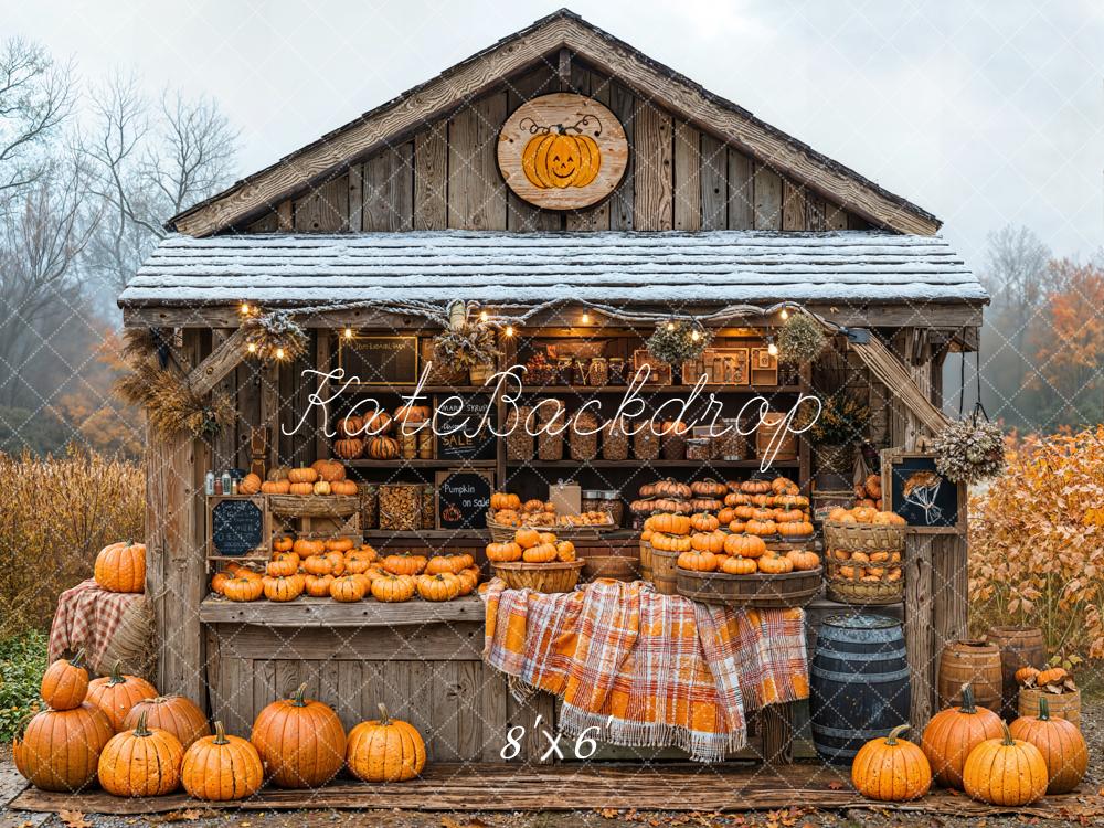 Kate Autumn Pumpkin Stand Rustic Wood Fleece Backdrop Designed by Emetselch