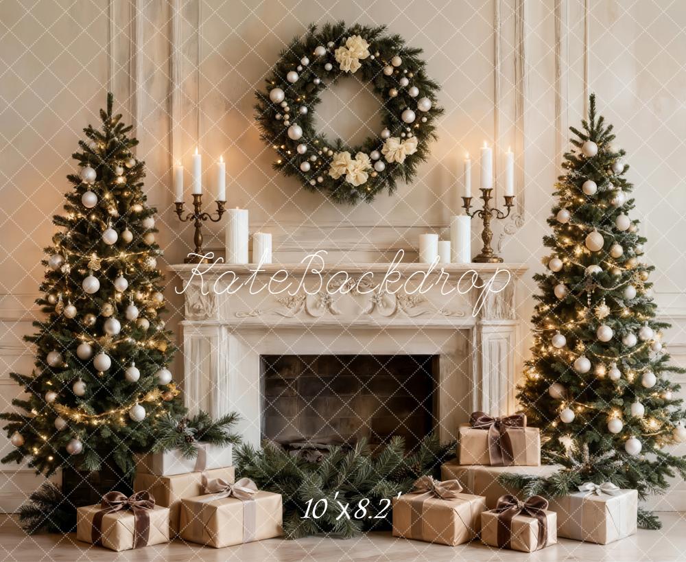 Kate Christmas Fireplace Trees Wreath Gifts Backdrop Designed by Emetselch