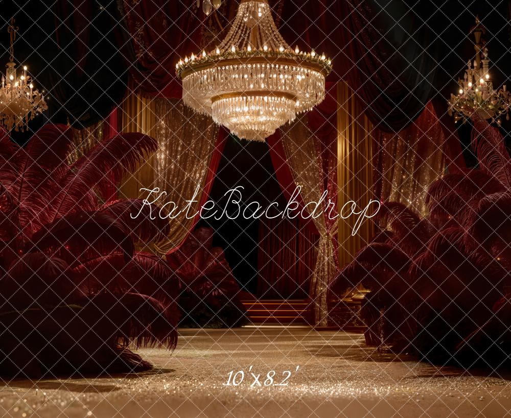 Kate Red Curtains Crystal Chandeliers Feathers Fleece Backdrop Designed by Emetselch -UK