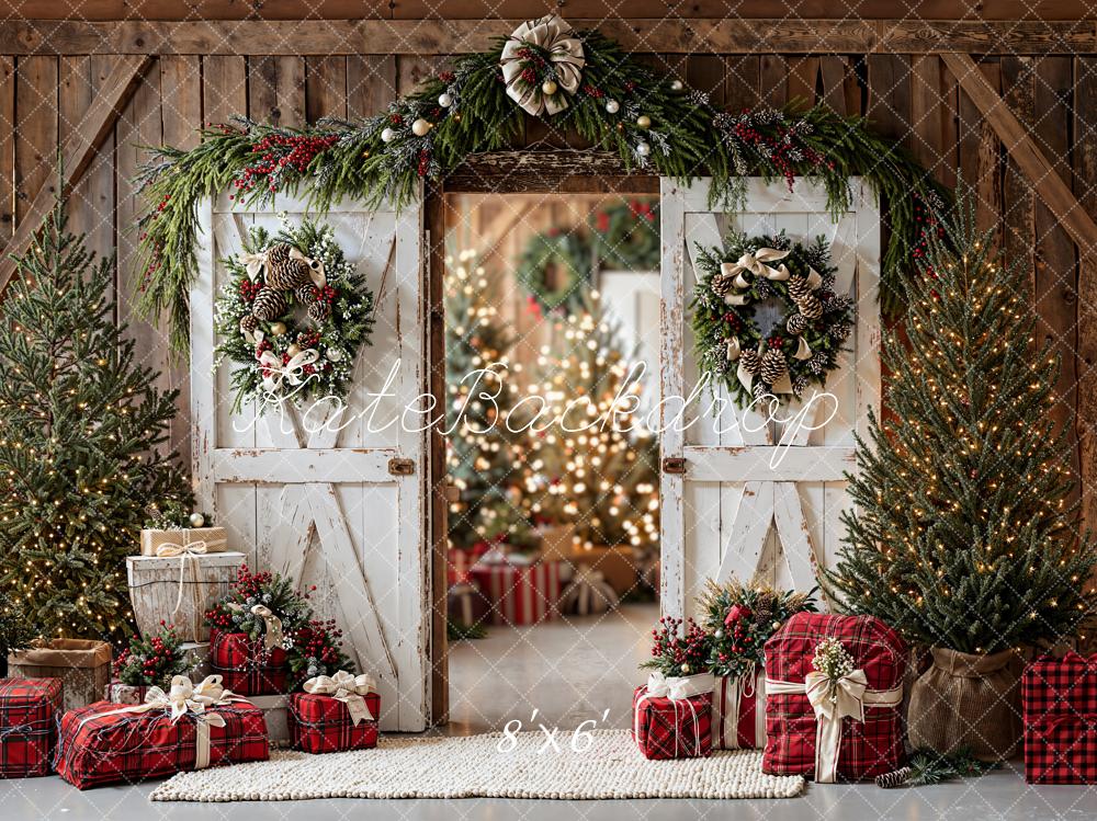 Kate Christmas Barn Doors Wreath Trees Fleece Backdrop Designed by Emetselch -UK