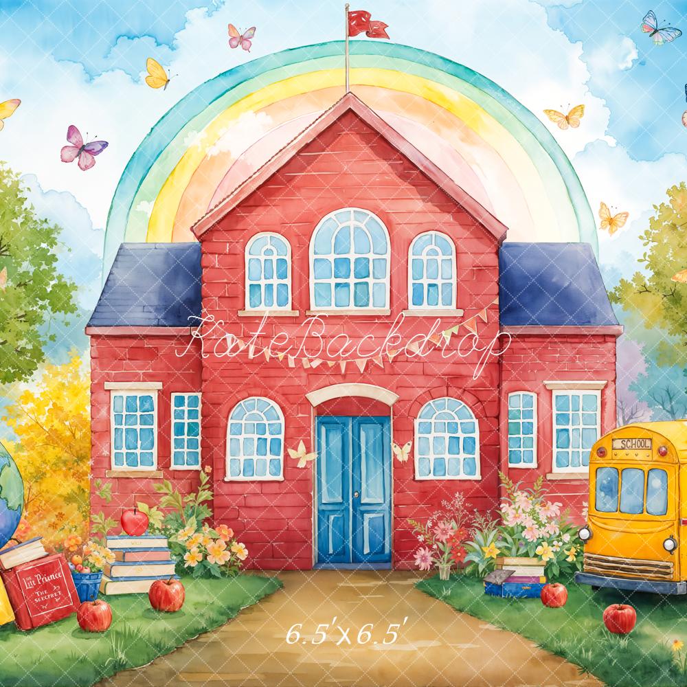 Kate Back To School Red house Bus Rainbow Backdrop Designed by Emetselch