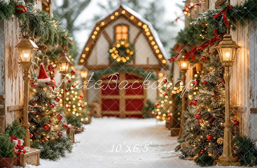 Kate Christmas Village Trees Lanterns Fleece Backdrop Designed by Emetselch -UK