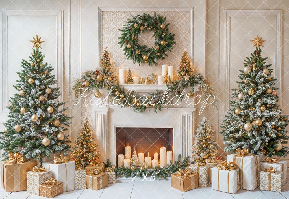 Kate Christmas Fireplace Wreath Trees Backdrop Designed by Emetselch