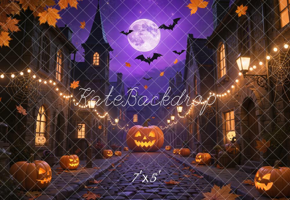 Kate Halloween Pumpkin Cobblestone Street Purple Backdrop Designed by Emetselch -UK
