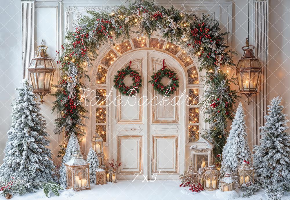 Kate Christmas Snowy Door Garland Lanterns Backdrop Designed by Emetselch