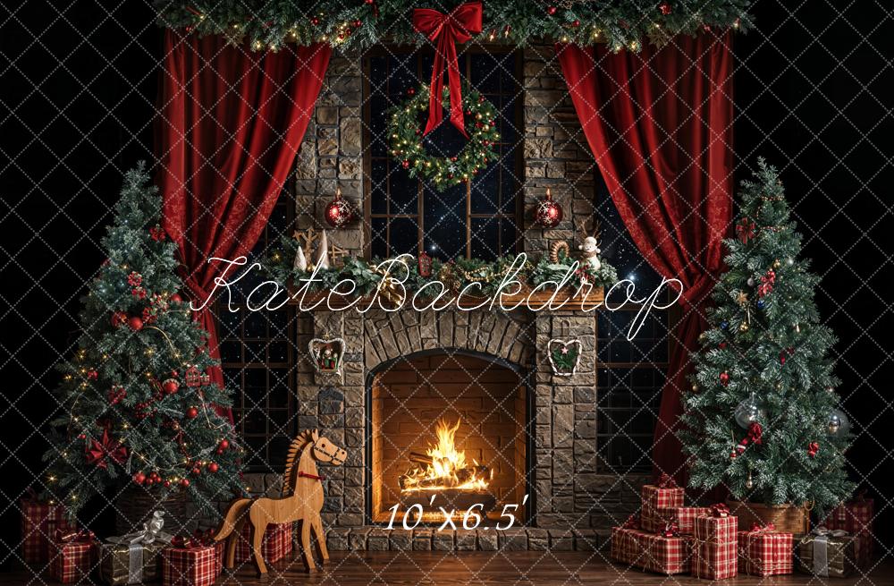 Kate Christmas Fireplace Dark Fleece Backdrop Designed by Emetselch
