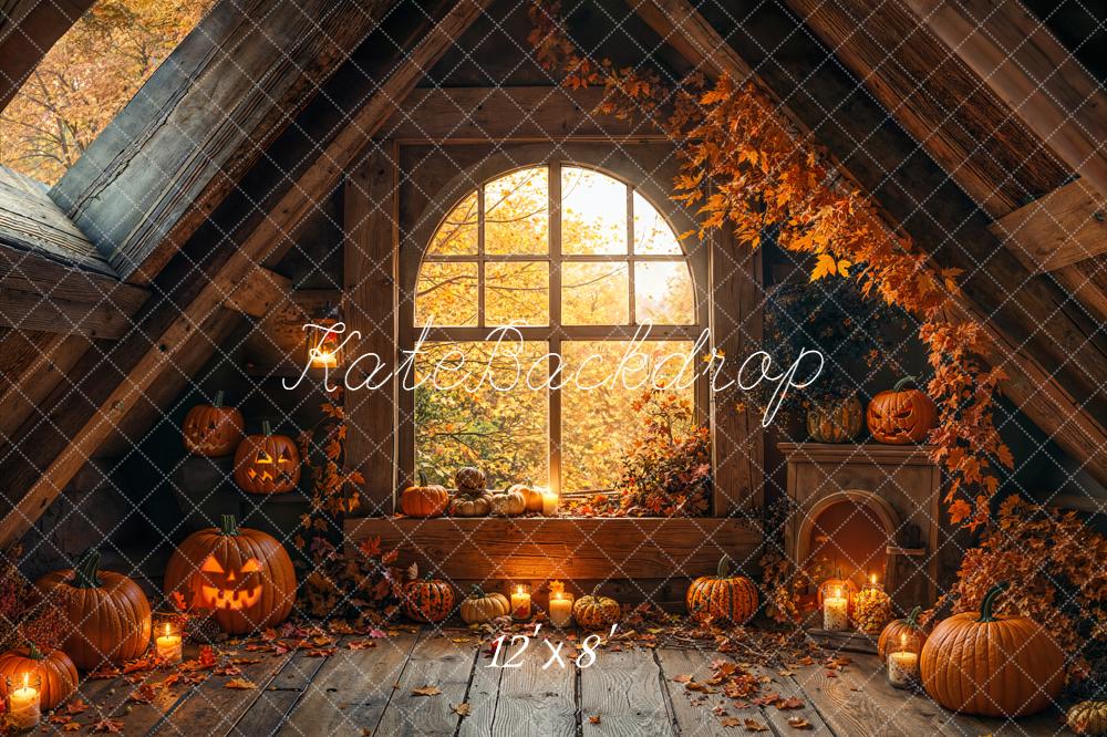 Kate Halloween Attic Pumpkins Autumn Fleece Backdrop Designed by Emetselch
