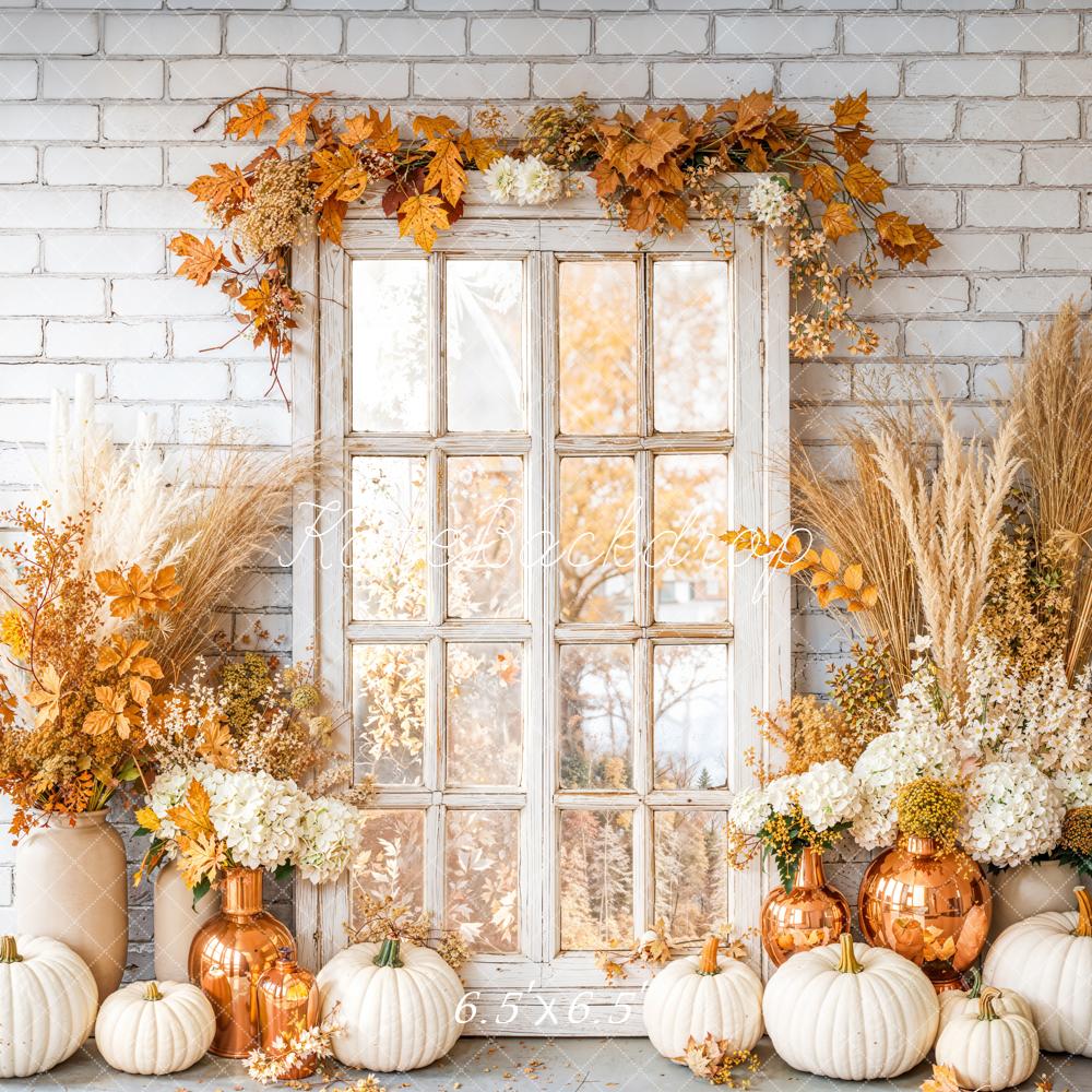 Kate Autumn Pumpkins Floral Window Brick Backdrop Designed by Emetselch