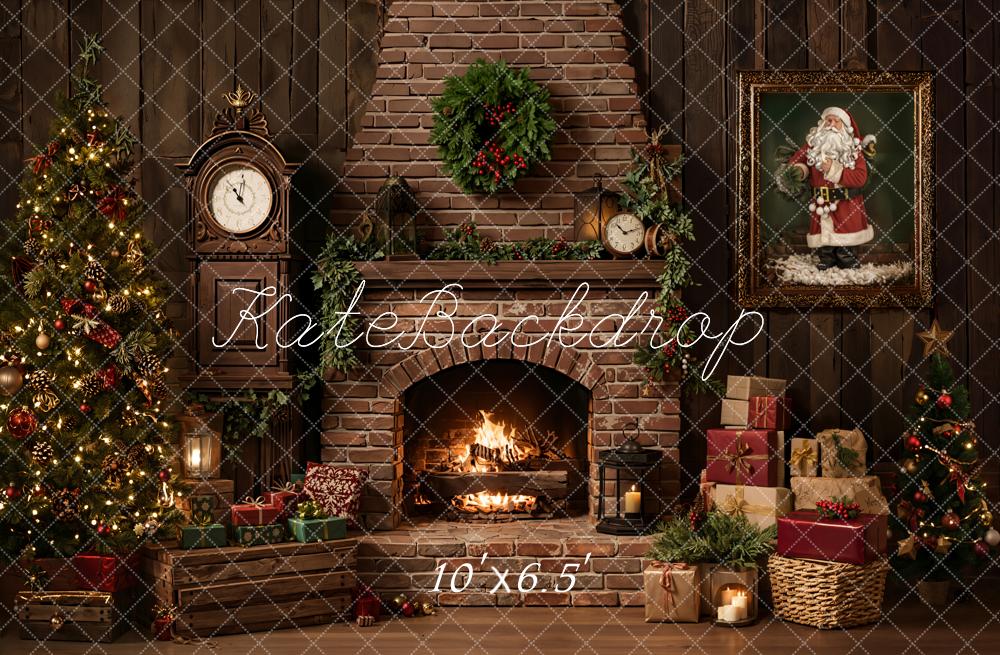 Kate Christmas Fireplace Tree Presents Vintage Fleece Backdrop Designed by Emetselch -UK