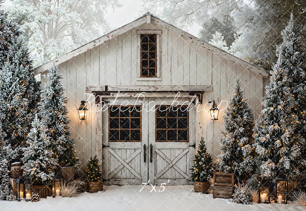 Kate Winter Cabin Snow Christmas Trees Backdrop Designed by Emetselch
