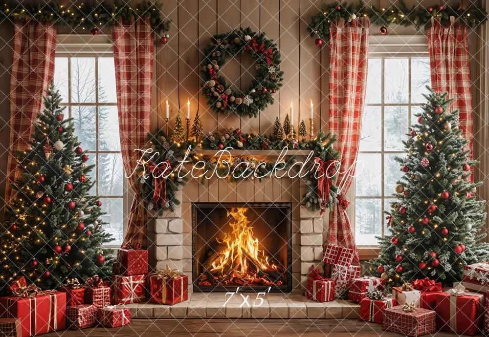 Kate Christmas Fireplace Wreath Trees Backdrop Designed by Emetselch