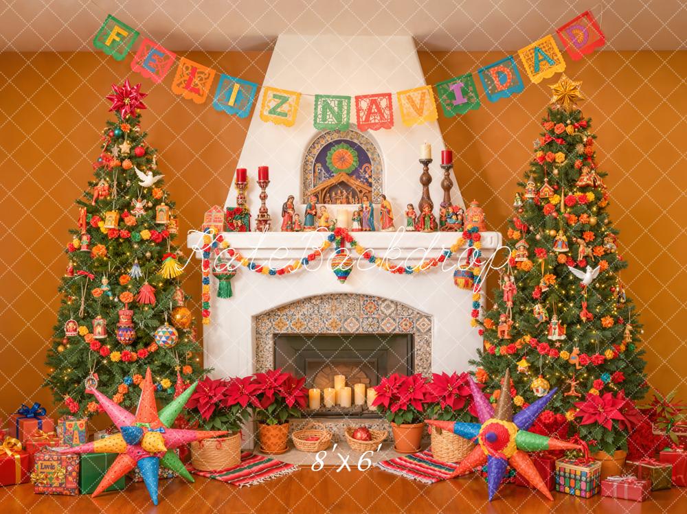 Kate Christmas Fireplace Festive Trees Piñatas Backdrop Designed by Emetselch -UK
