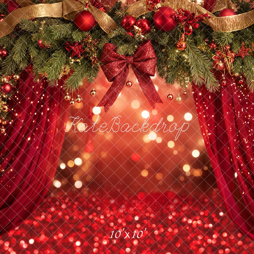 Kate Christmas Garland Red Curtains Bokeh Backdrop Designed by Emetselch -UK