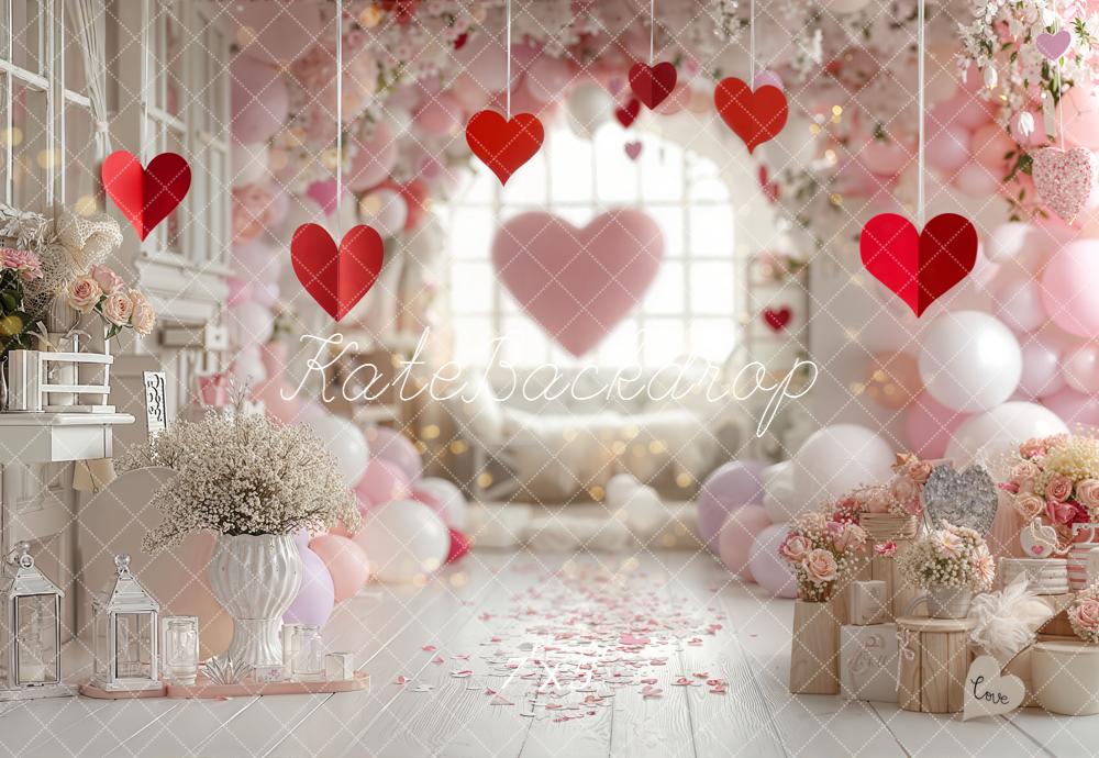 Kate Valentine Hearts Balloons Floral Pink Backdrop Designed by Emetselch