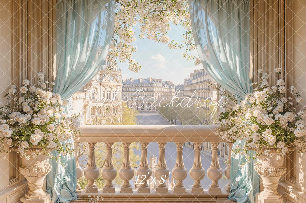 Kate Spring Balcony Cityscape Blue Curtains Backdrop Designed by Emetselch