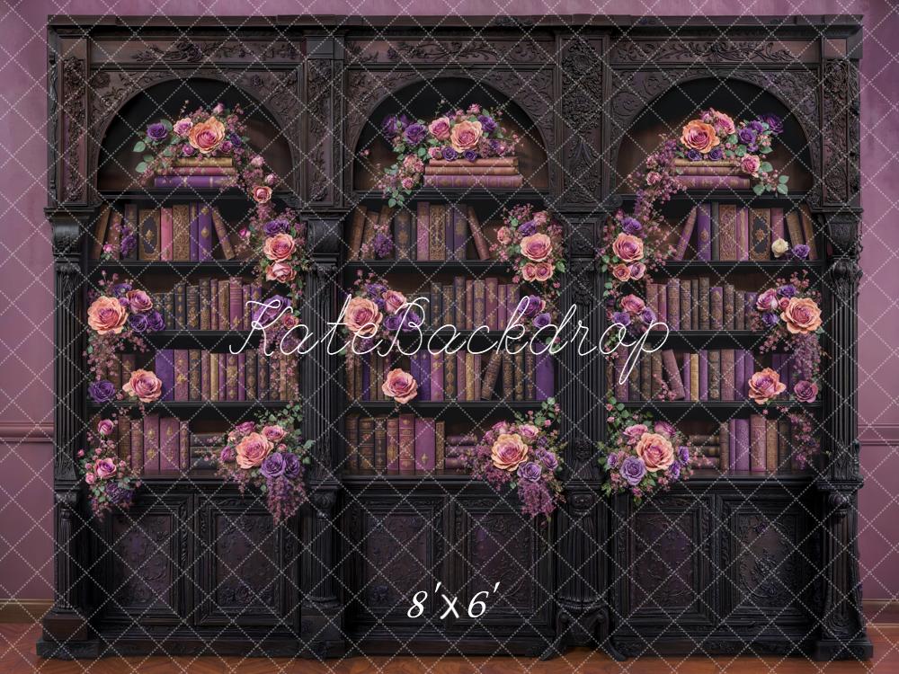 Kate Vintage Bookshelf Floral Purple Fleece Backdrop Designed by Emetselch
