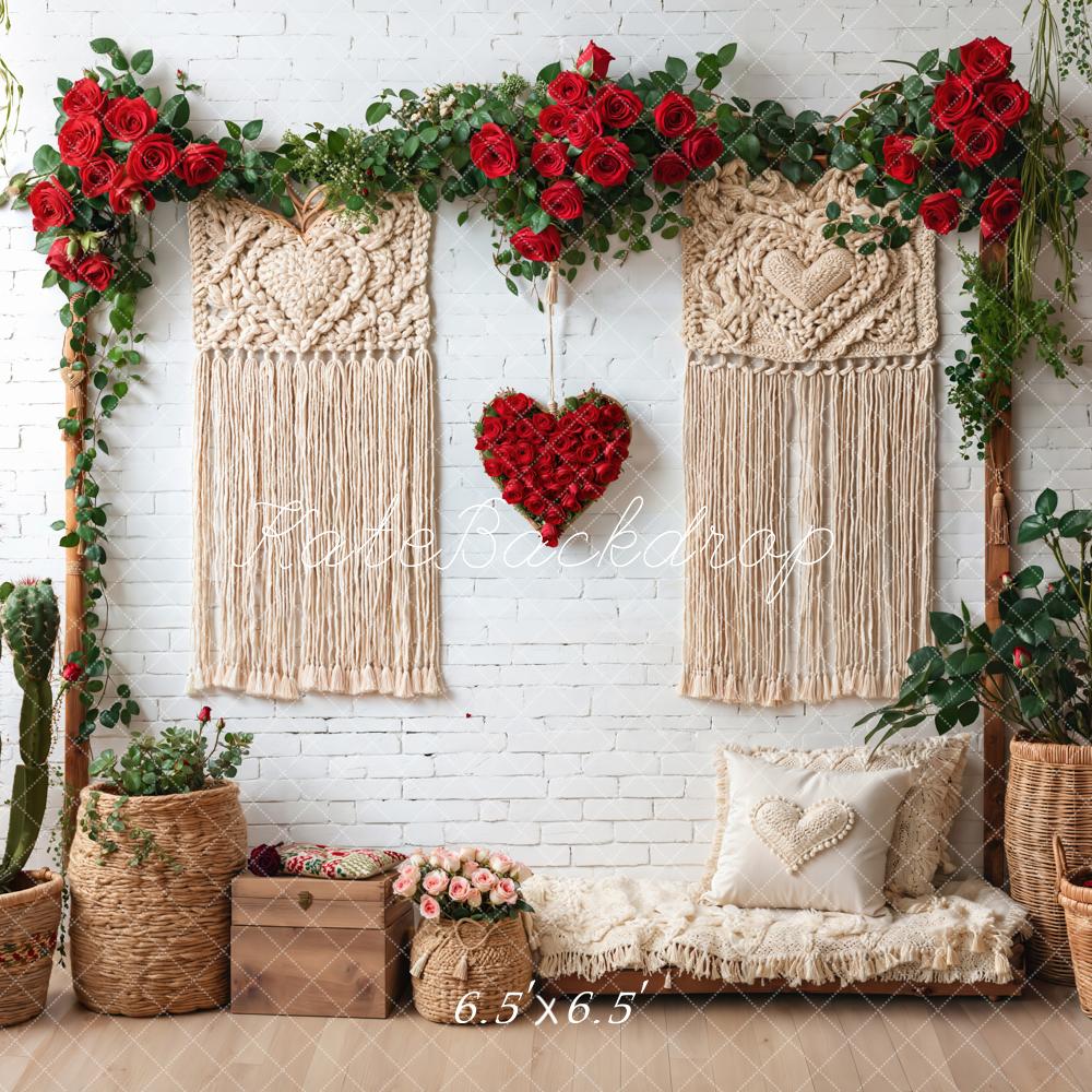 Kate Boho Macrame Red Roses White Brick Backdrop Designed by Emetselch -UK
