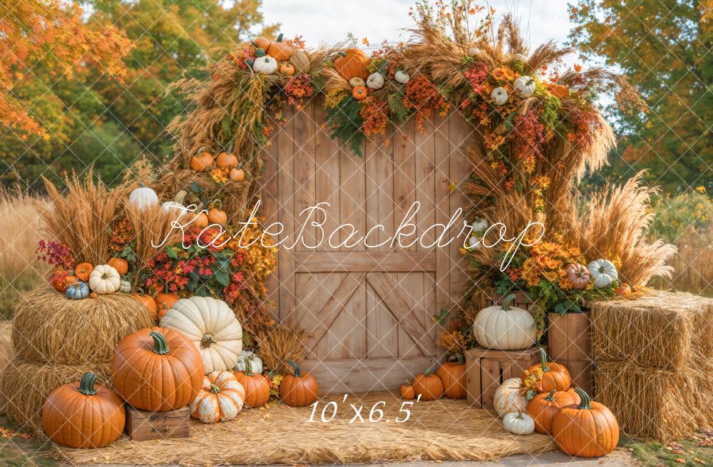 Kate Autumn Pumpkins Wooden Door Fleece Backdrop Designed by Emetselch -UK