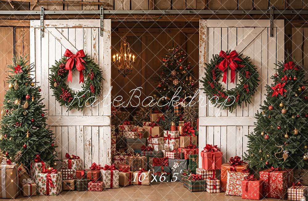 Kate Christmas White Barn Wreath Gifts Trees Fleece Backdrop Designed by Emetselch -UK