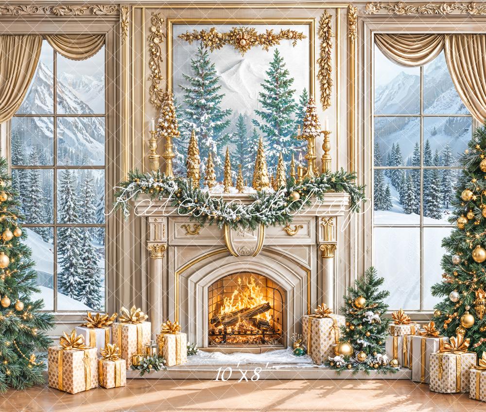 Kate Christmas Gold Fireplace Trees Fleece Backdrop Designed by Emetselch -UK