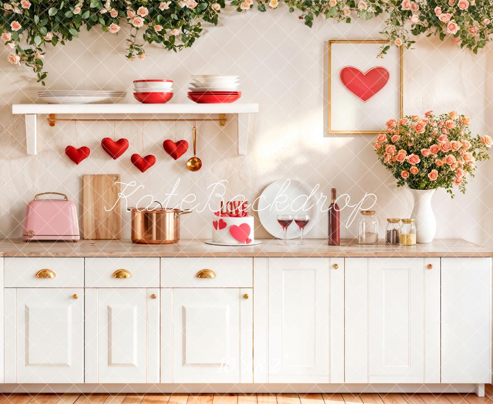 Kate Valentine White Kitchen Hearts Roses Backdrop Designed by Emetselch