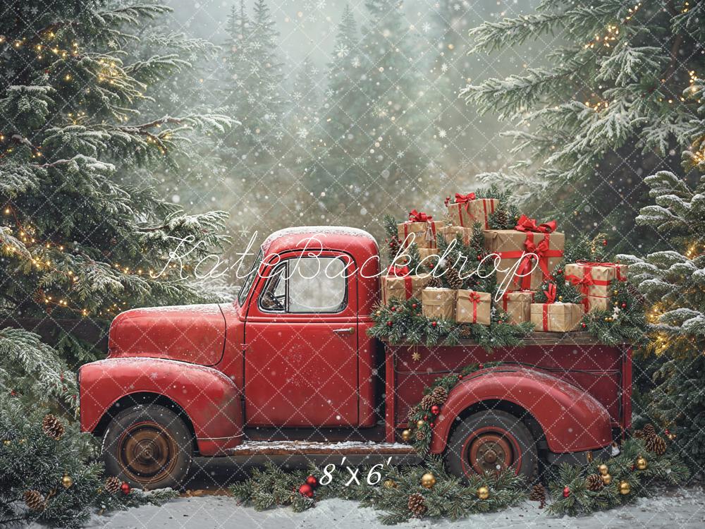 Kate Christmas Truck Snowy Pine Trees Fleece Backdrop Designed by Emetselch -UK