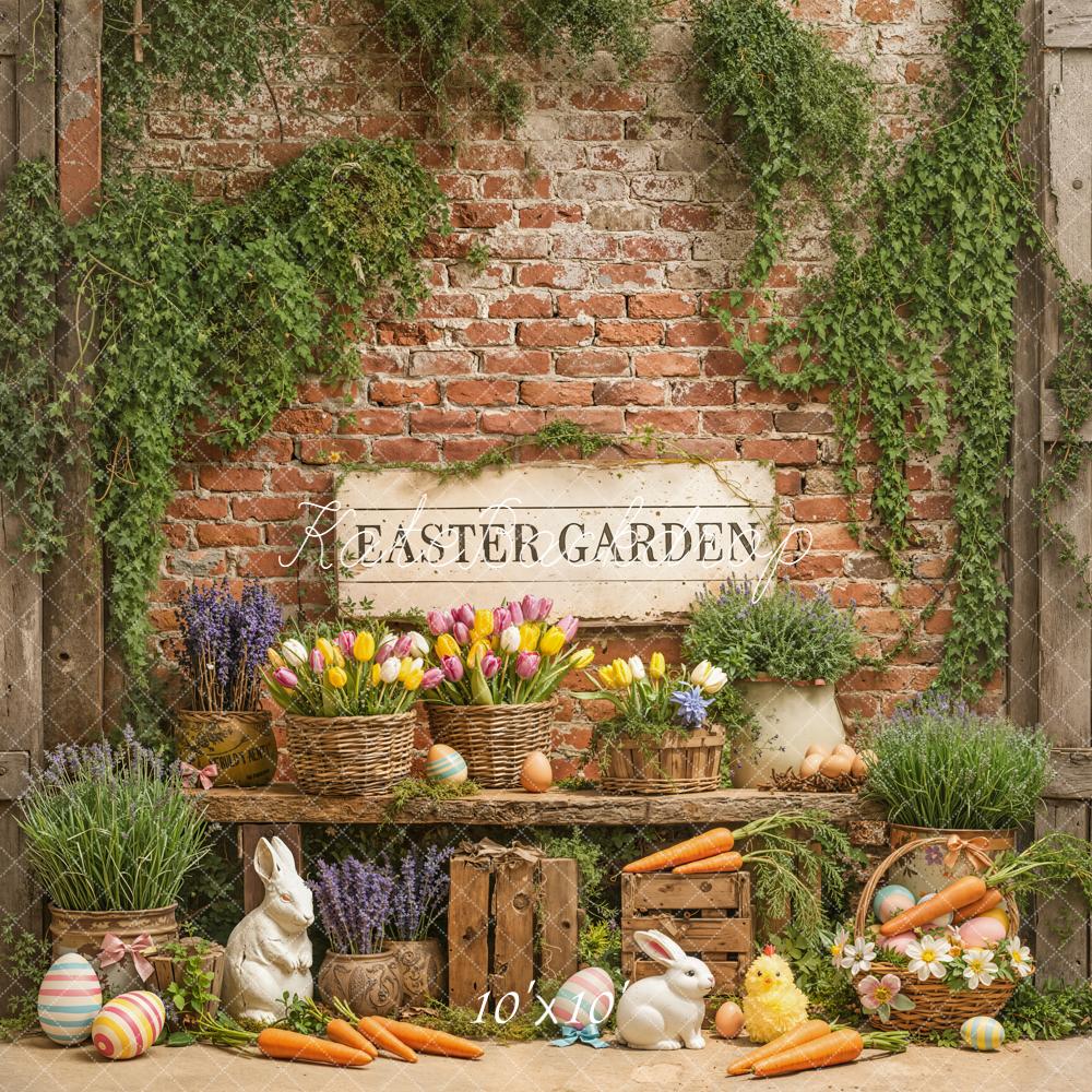 Kate Easter Garden Brick Wall Carrots Bunnies Backdrop Designed by Emetselch -UK