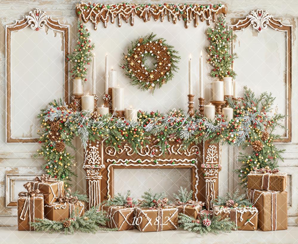 Kate Christmas Gingerbread Fireplace Garland Gifts Backdrop Designed by Emetselch