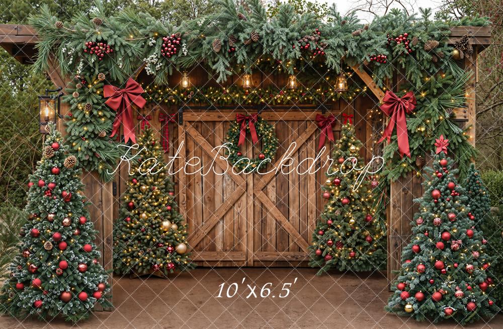 Kate Christmas Barn Door Garland Red Bows Fleece Backdrop Designed by Emetselch -UK