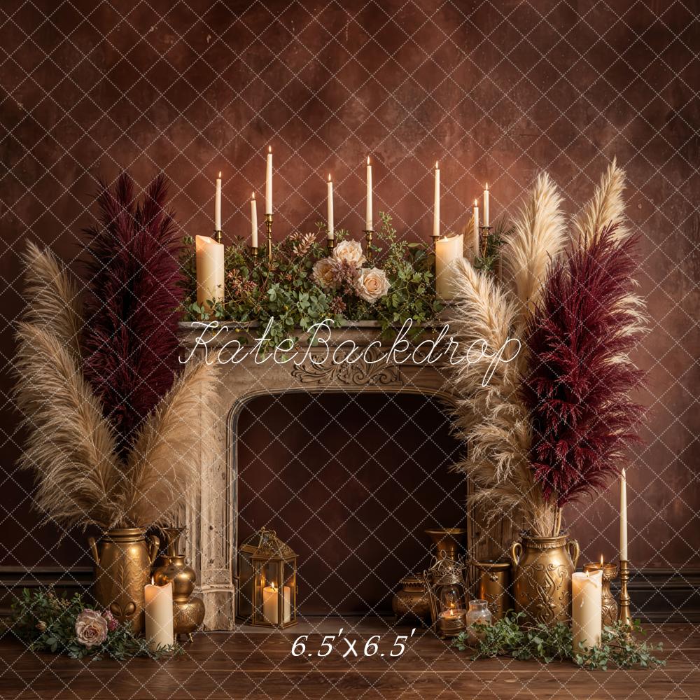Kate Vintage Fireplace Pampas Candles Floral Backdrop Designed by Emetselch