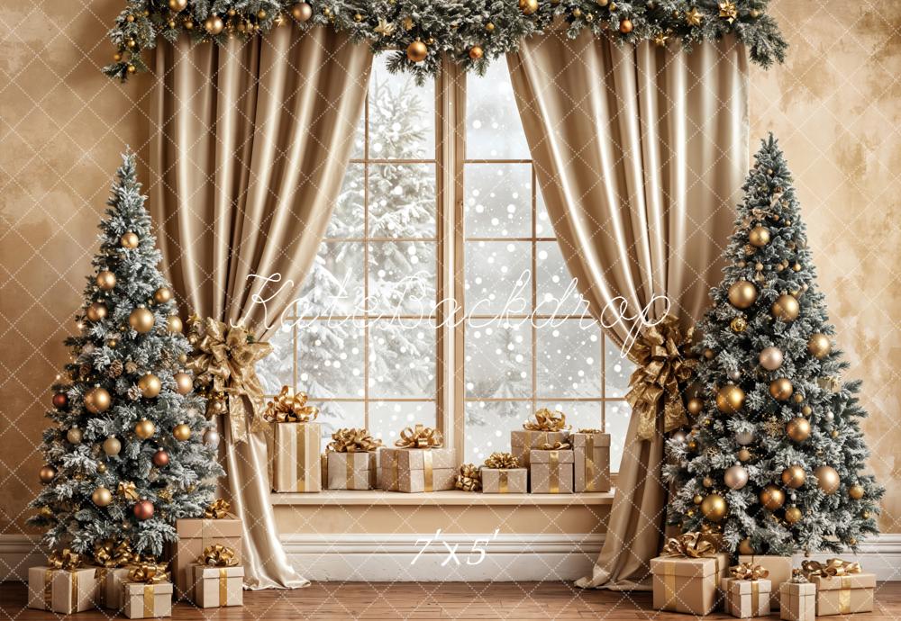 Kate Christmas Window Trees Gold Curtain Backdrop Designed by Emetselch -UK