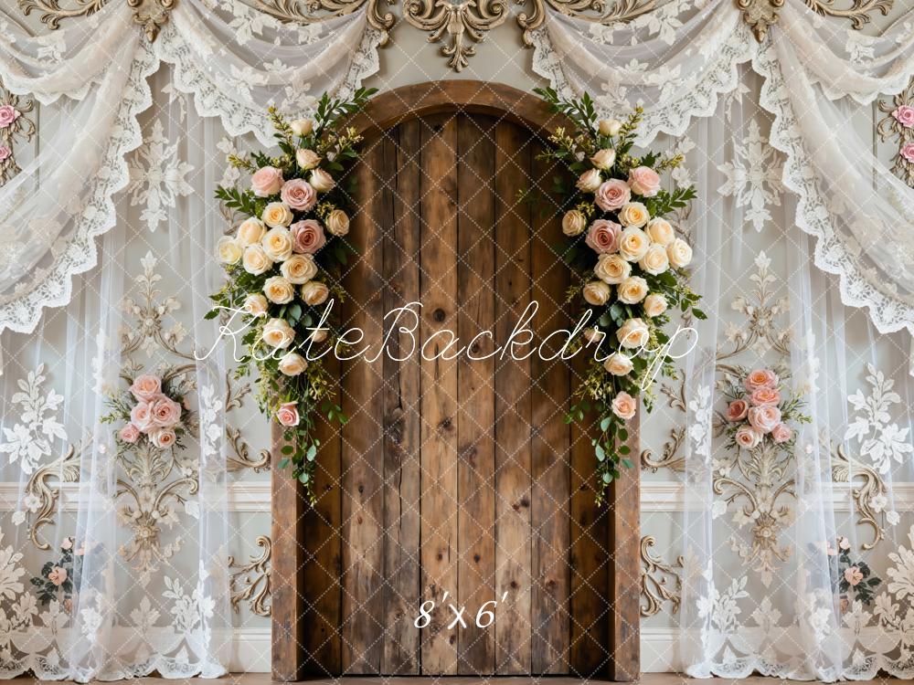 Kate Floral Arch Wooden Door Lace Curtains Backdrop Designed by Mini MakeBelieve -UK