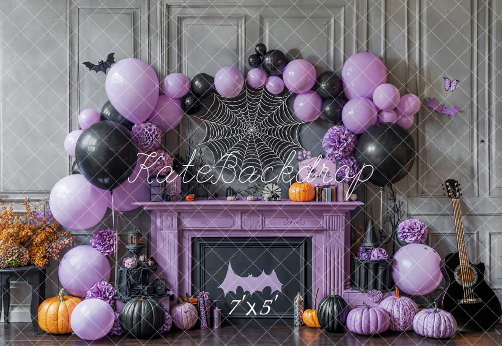 Kate Halloween Purple Balloons Spiderweb Fireplace Backdrop Designed by Emetselch -UK