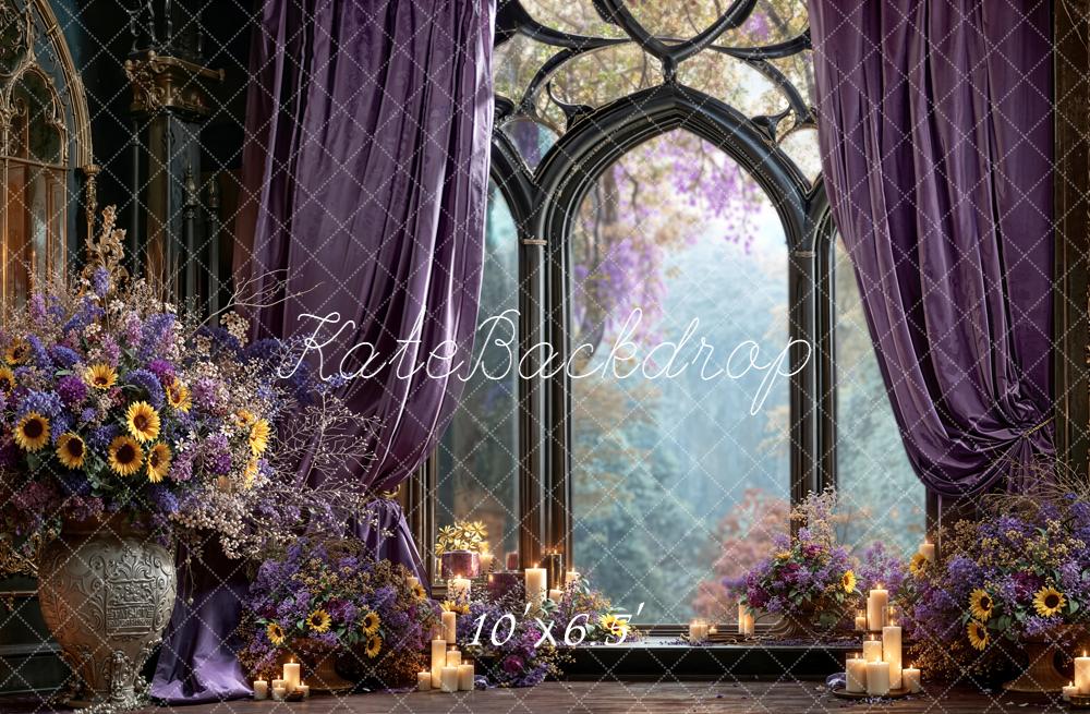 Kate Gothic Window Purple Drapes Floral Backdrop Designed by Emetselch -UK