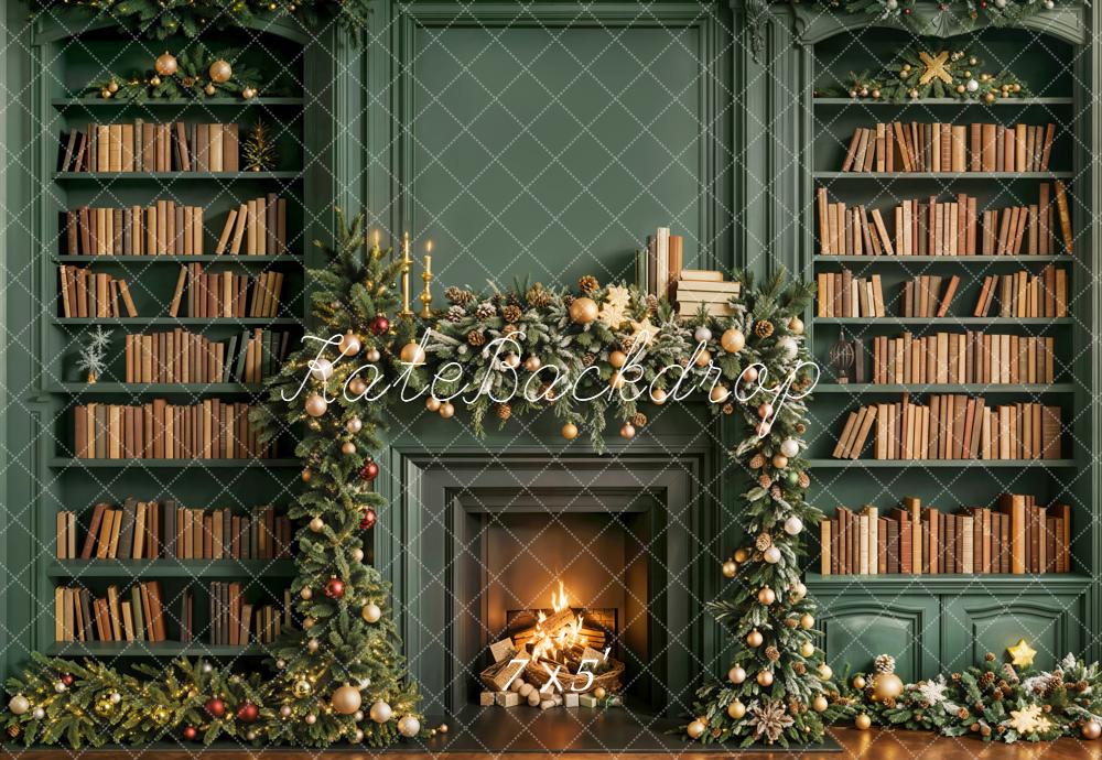 Kate Christmas Fireplace Bookshelves Garland Green Backdrop Designed by Emetselch