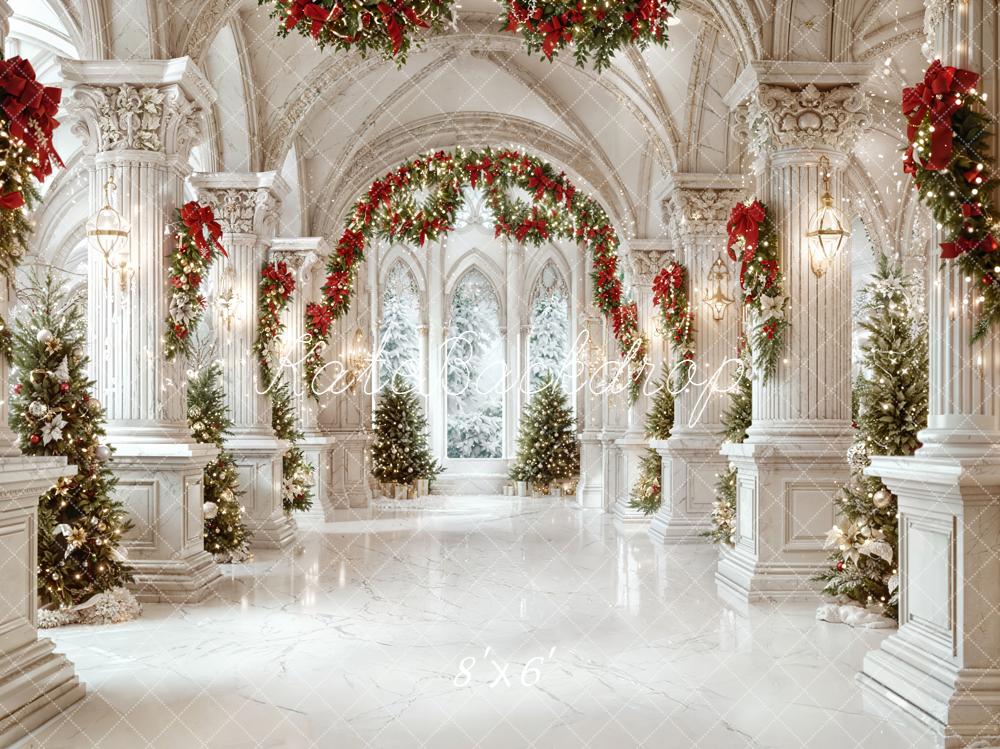 Kate Christmas Palace Arches Pine Garland Fleece Backdrop Designed by Emetselch -UK