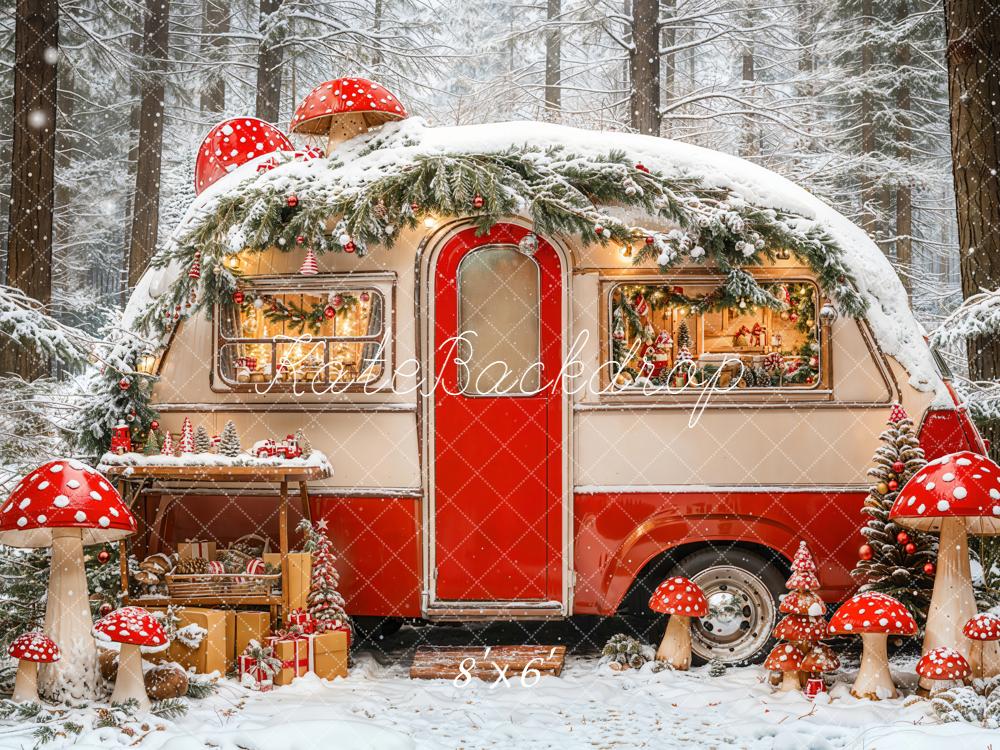 Kate Christmas Caravan Snowy Forest Mushrooms Backdrop Designed by Emetselch -UK