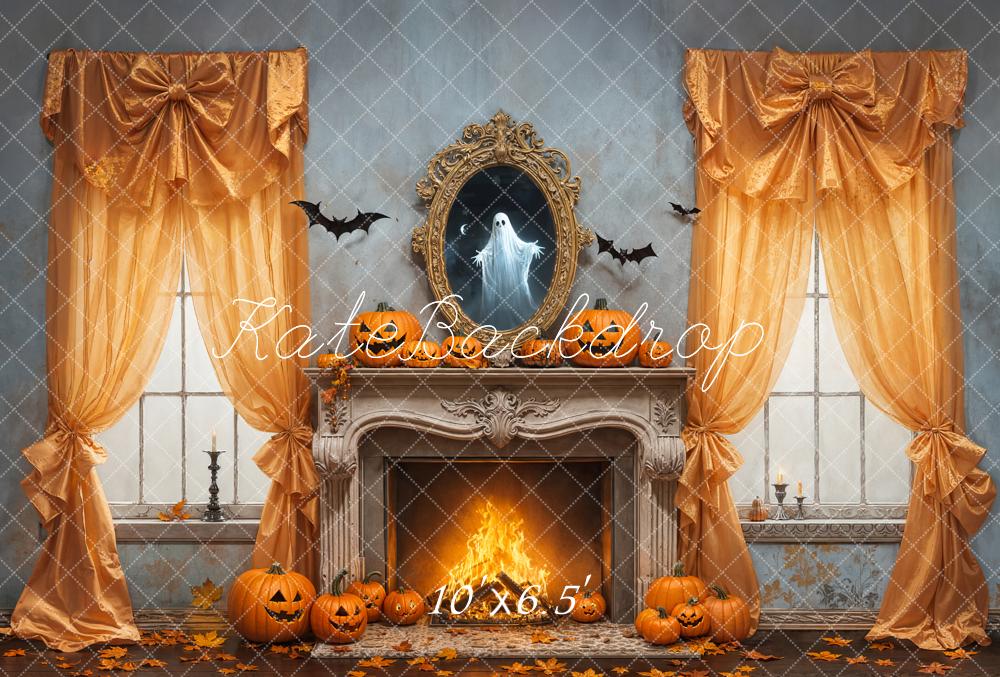 Kate Halloween Fireplace Ghost Pumpkins Bats Fleece Backdrop Designed by Emetselch -UK