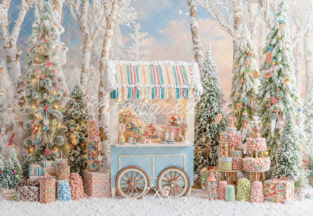 Kate Christmas Candy Forest Snowy Trees Backdrop Designed by Emetselch