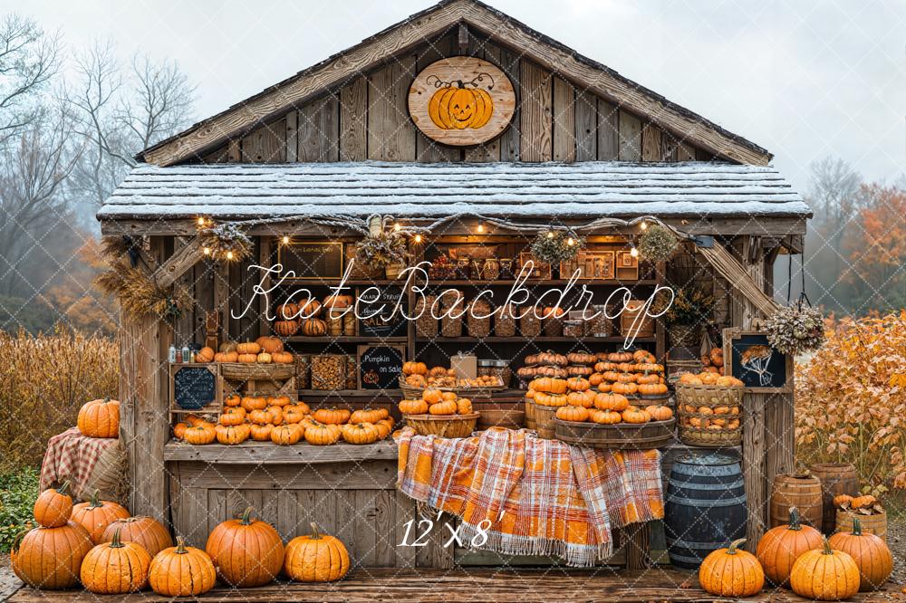 Kate Autumn Pumpkin Stand Rustic Wood Fleece Backdrop Designed by Emetselch