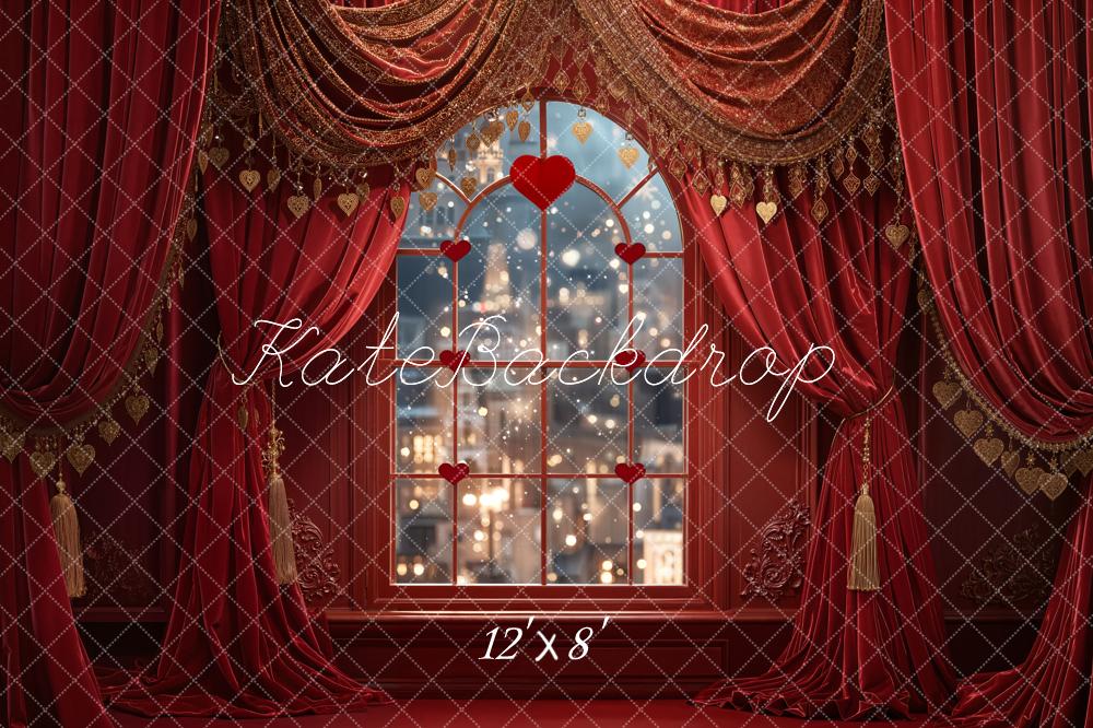 Kate Valentine Red Curtains Window City Lights Backdrop Designed by Emetselch