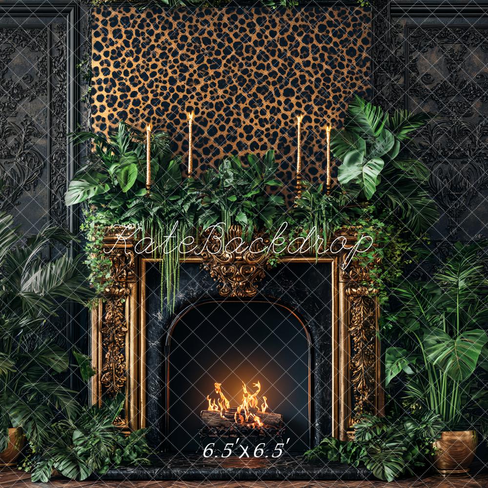 Kate Leopard Fireplace Greenery Backdrop Designed by Ashley Paul