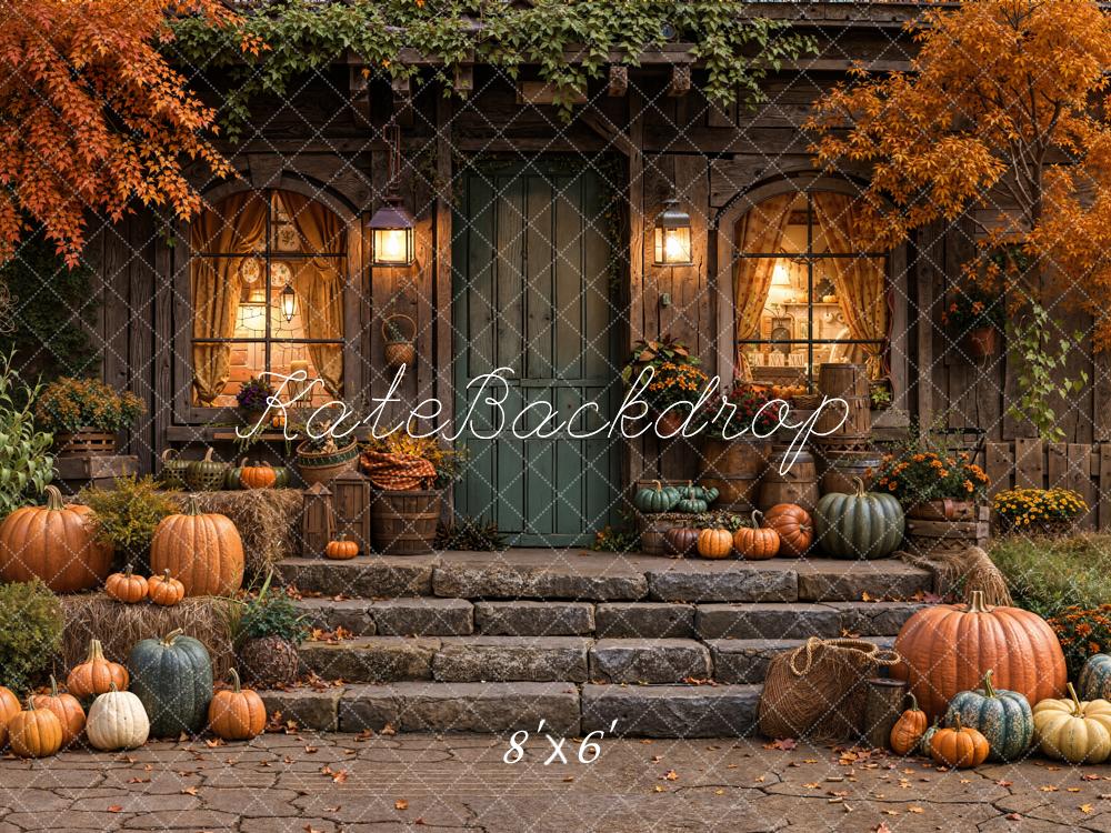 Kate Autumn Pumpkins Rustic House Leaves Fleece Backdrop Designed by Emetselch -UK