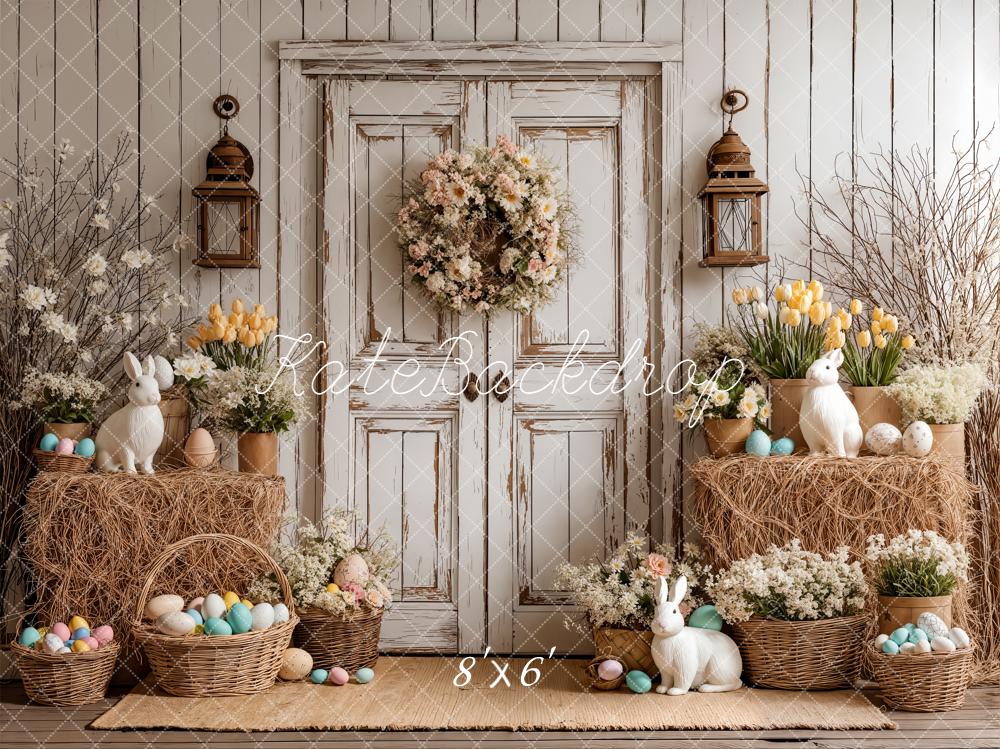 Kate Easter Bunny Eggs Rustic Door Fleece Backdrop Designed by Emetselch