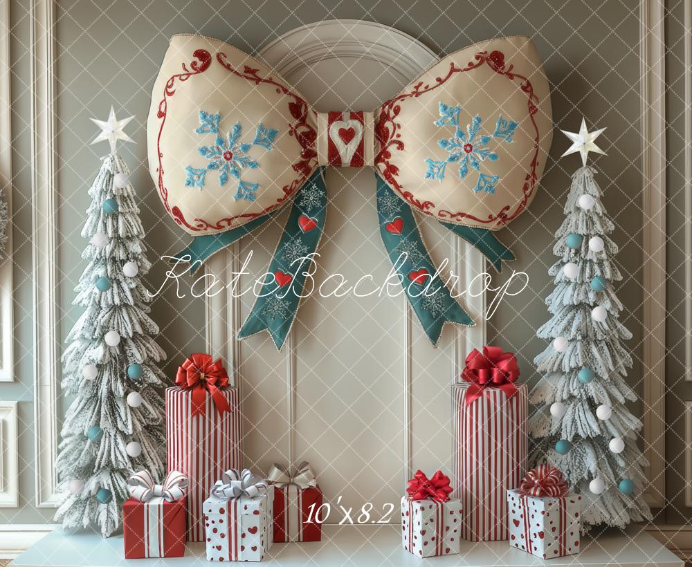 Kate Christmas Bow Frosted Trees Gifts Backdrop Designed by Mini MakeBelieve -UK
