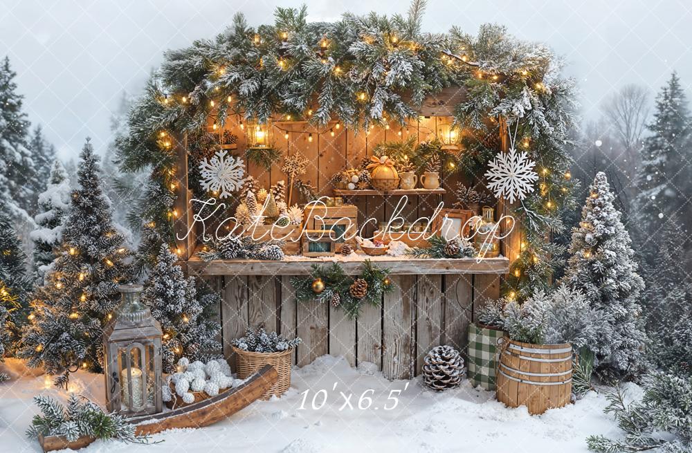 Kate Christmas Snowy Pine Lantern Fleece Backdrop Designed by Emetselch