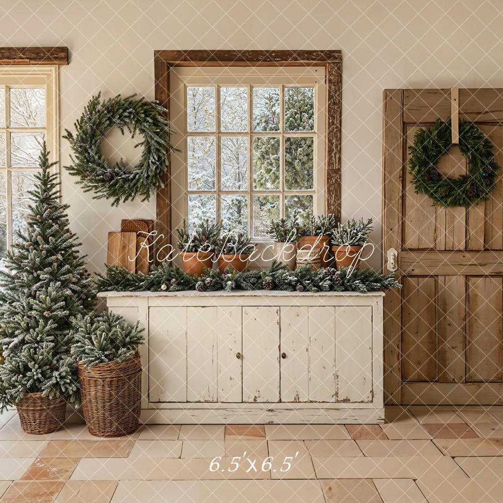 Kate Christmas Wreaths Tree Rustic Windows Backdrop Designed by Emetselch