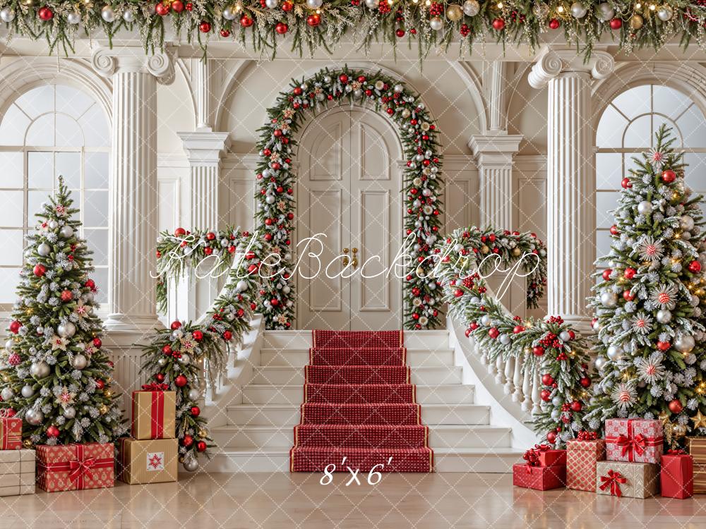 Kate Christmas Staircase Trees Presents Fleece Backdrop Designed by Emetselch -UK