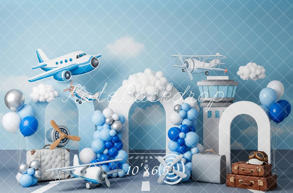 Kate Aeroplane Suitcases Control Tower Blue Balloons Backdrop Designed by Patty Robert -UK